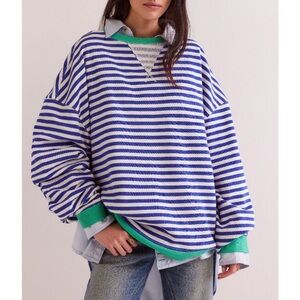 Free People Blue and White Striped Long Sleeve Top XL